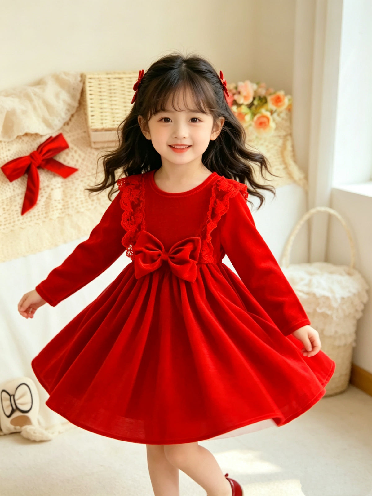 Girls Red Long‑sleeve Dress